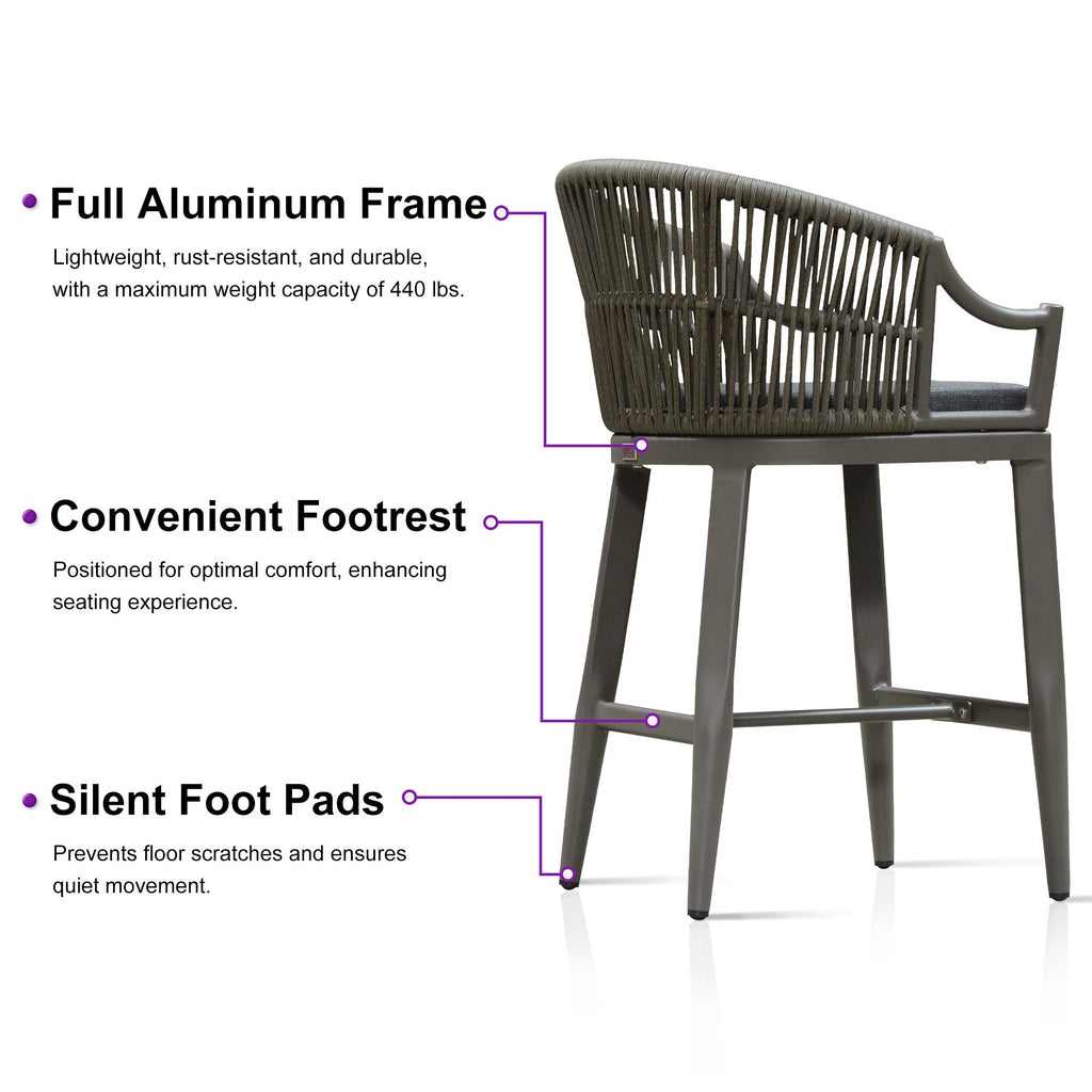 PURPLE LEAF Patio Bar Stools Set of 2 Outdoor Wicker Modern High Bar Chairs Metal Cushioned Barstools with Backs and Ergonomic Armrest