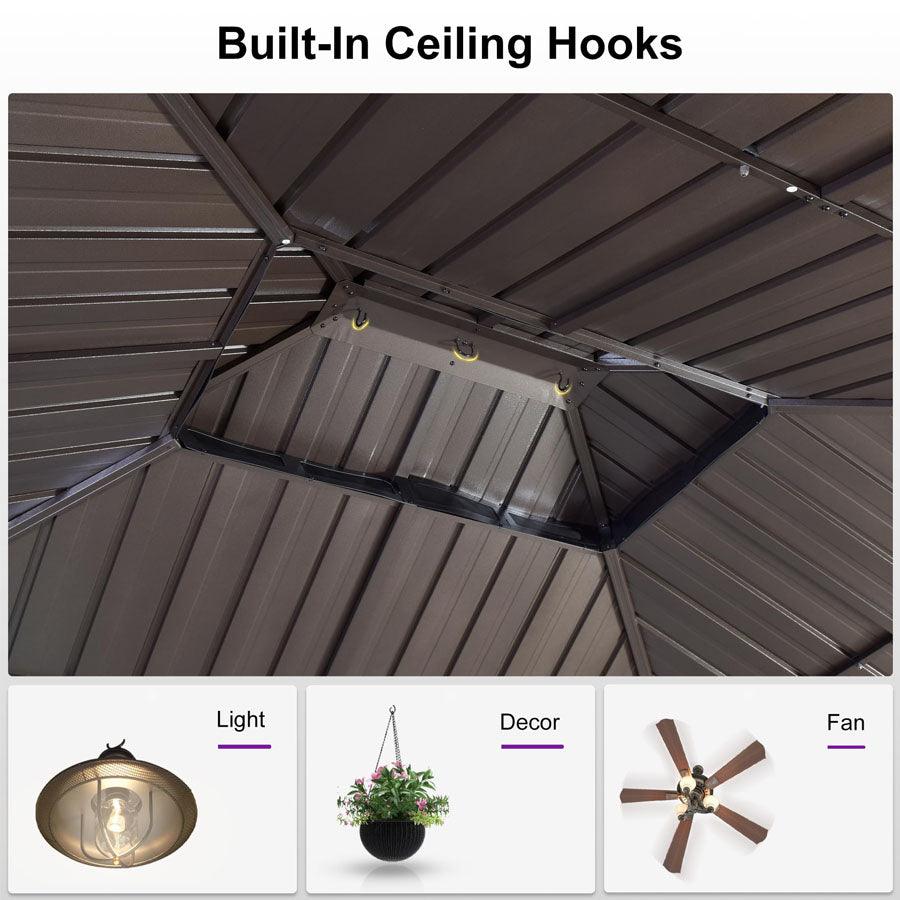 PURPLE LEAF Hardtop Gazebo Featuring Galvanized Steel Double Roof and Bronze Aluminum Frame with Curtains and Netting for Backyard with Lights-milky