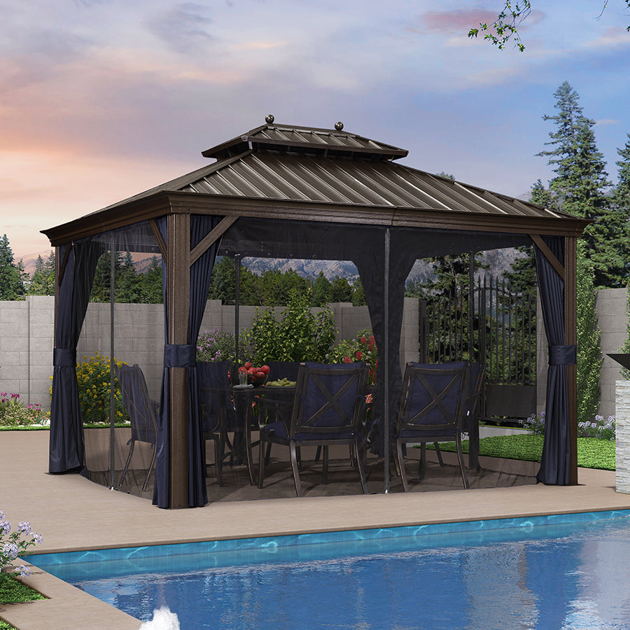 PURPLE LEAF Outdoor Hardtop Gazebo for Patio Bronze Aluminum Frame Pavilion with Navy-Blue Curtain