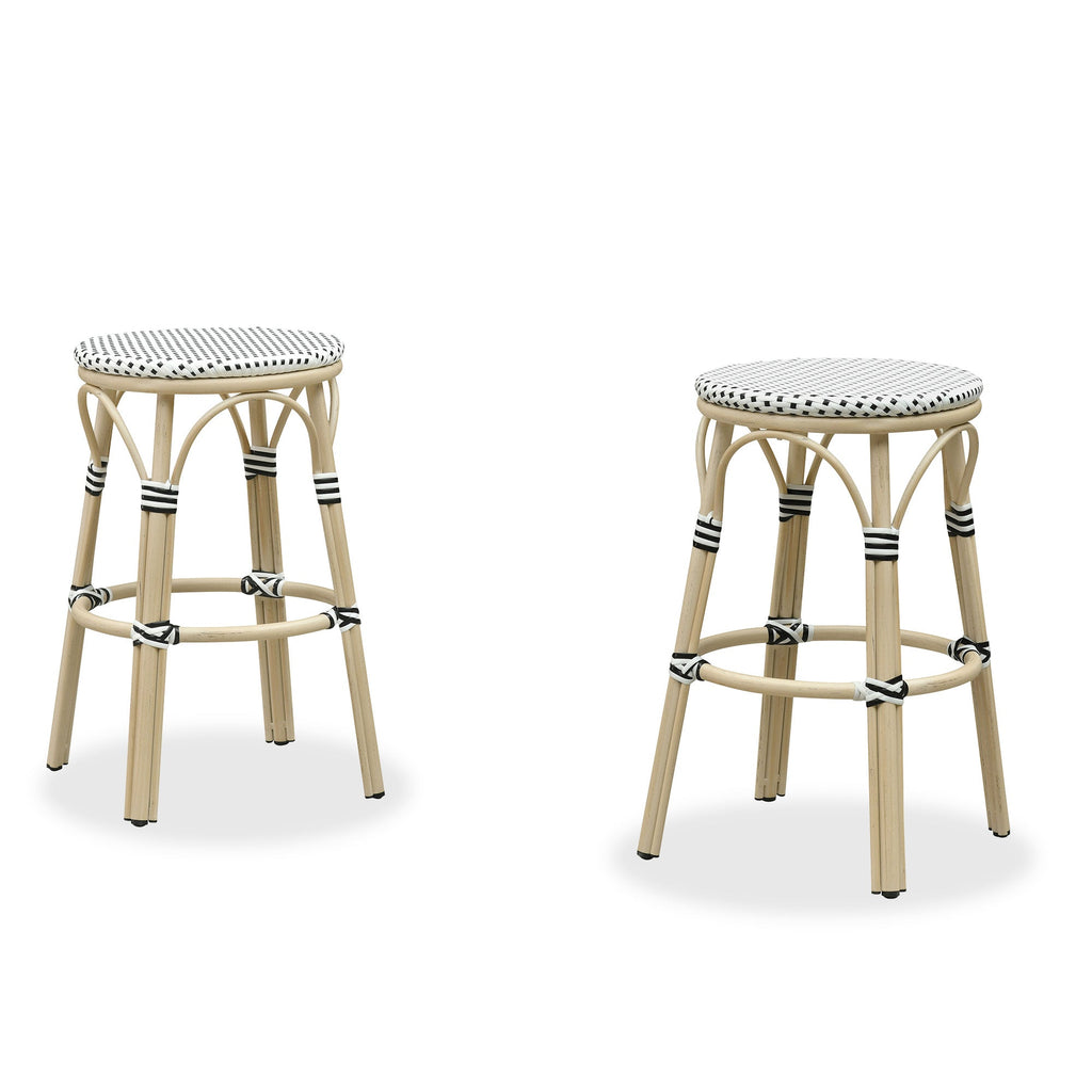 PURPLE LEAF Patio French Round Counter Stool Set of 2 Rattan Backless Stackable Barstools Aluminum Frame Footrest with Woven Wicker for Outdoor Kitchen Yard