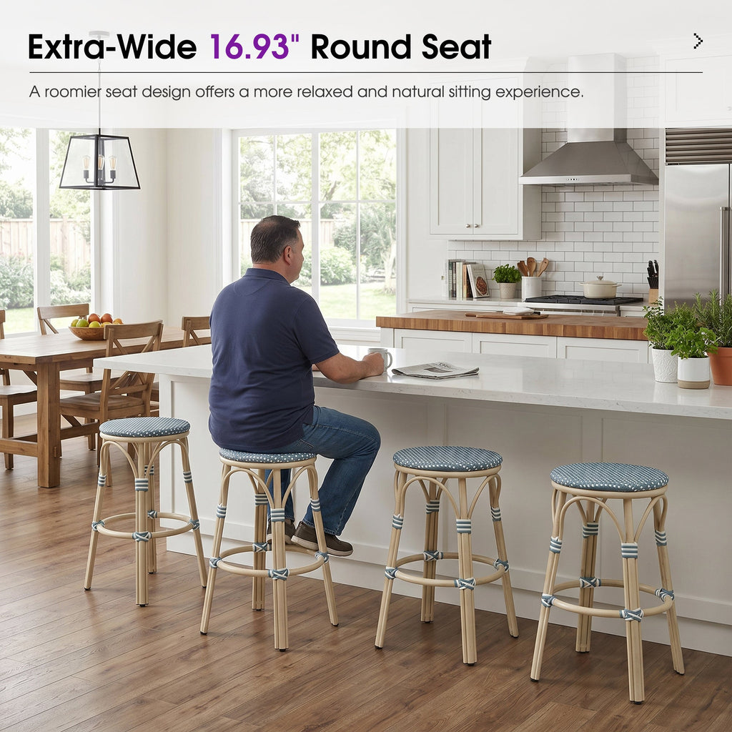 PURPLE LEAF Patio French Round Counter Stool Set of 2 Rattan Backless Stackable Barstools Aluminum Frame Footrest with Woven Wicker for Outdoor Kitchen Yard