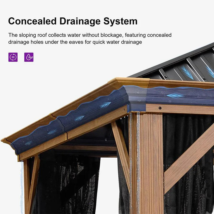 PURPLE LEAF – Pavillon à toit rigide pour terrasse, structure en aluminium effet bois avec guirlande lumineuse – clear