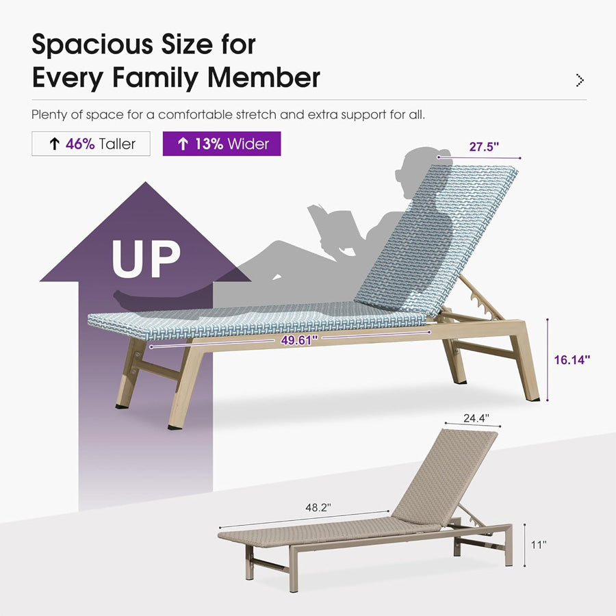 PURPLE LEAF Pool Oversized Lounge Chairs Rattan Aluminium Patio Chaise Lounge Outdoor Adjustable Recliner Finish Loungers Woven PE Sun Chairs for Poolside Deck Beach