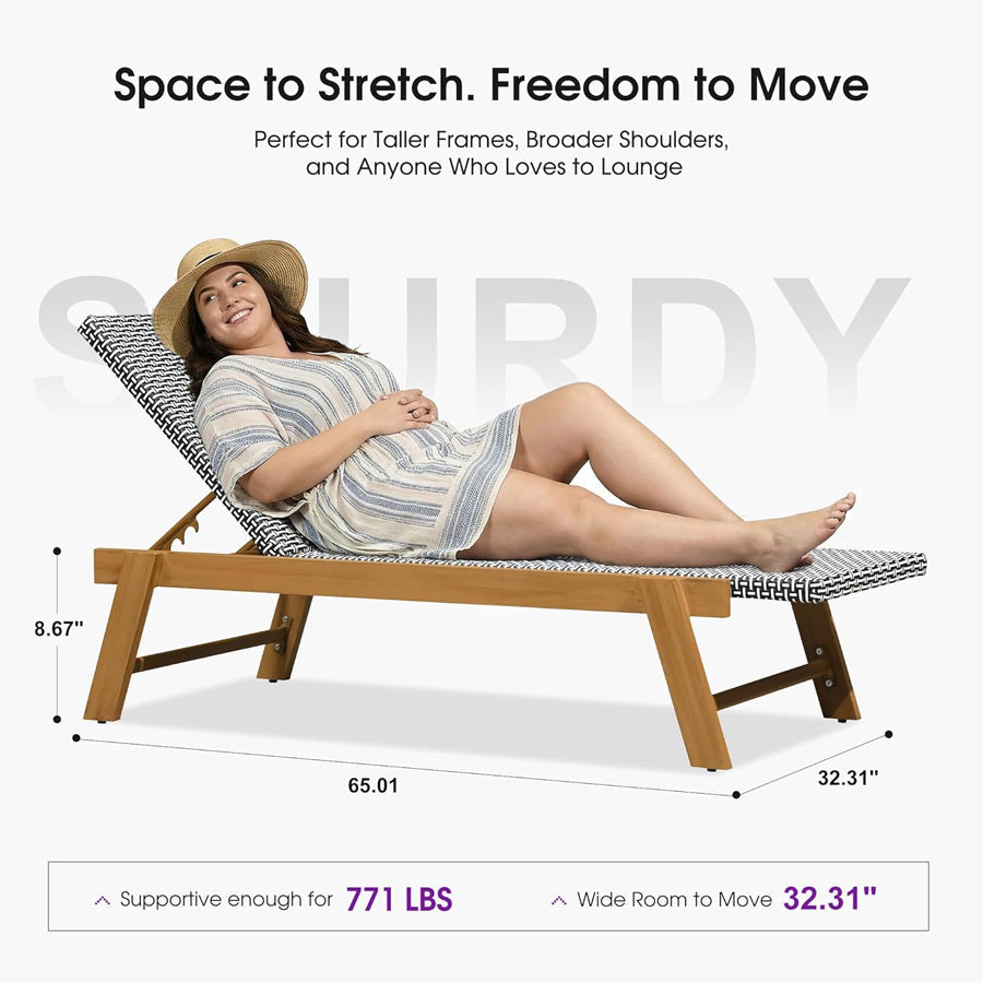 PURPLE LEAF Extra Large Patio Chaise Lounge French Outdoor Wicker Lounger Matte Teak Aluminum Frame 771LBS Capacity PE Rattan Adjustable Backrest for Pool Garden Beach Backyard