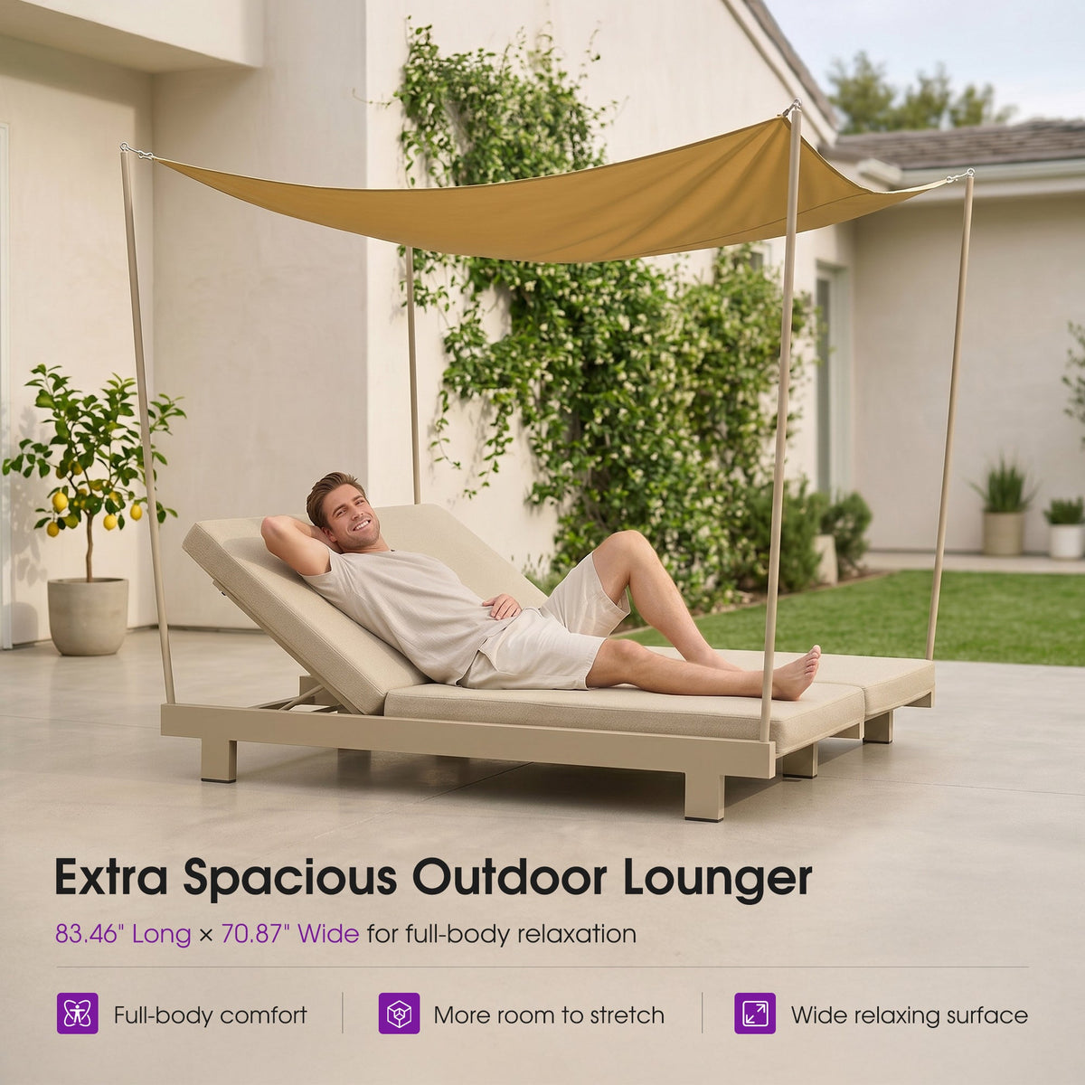 PURPLE LEAF Outdoor Luxury Daybed for Patio,  Poolside Chaise Lounge Bed with Cushion, Olefin Blend Fabric, Aluminum Frame Sunbed for Deck and Backyard