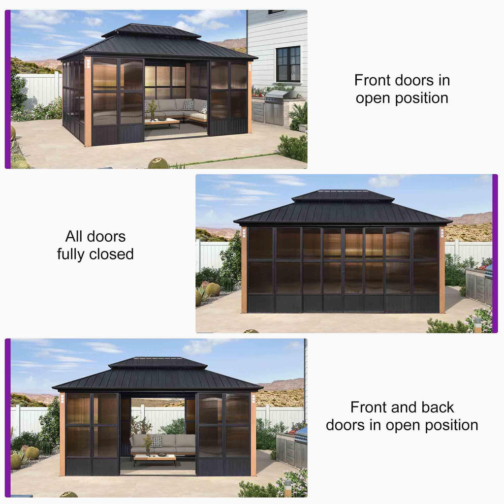 PURPLE LEAF Sunroom Hardtop Gazebo with Wood Grain Columns Black Frame Double Roof Galvanized Steel Solarium All-Weather Screen House with String Lights