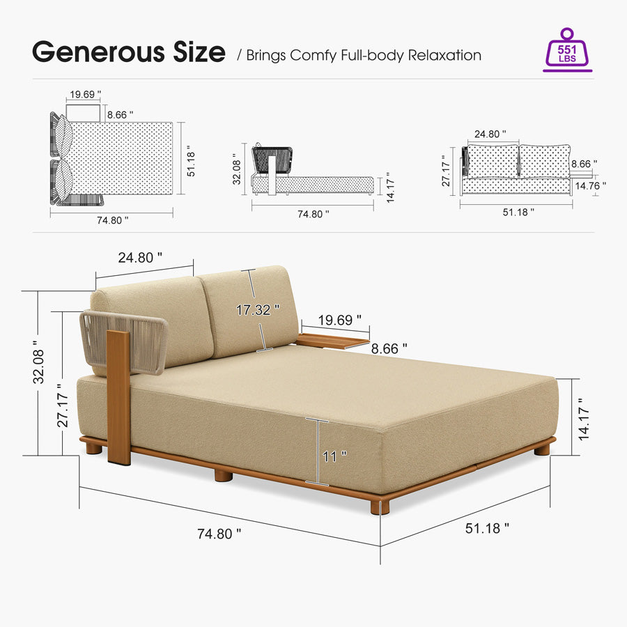 PURPLE LEAF Outdoor Luxury Daybed for Patio,  Poolside Chaise Lounge Bed with Cushion, Olefin Blend Fabric, Aluminum Frame Sunbed for Deck and Backyard