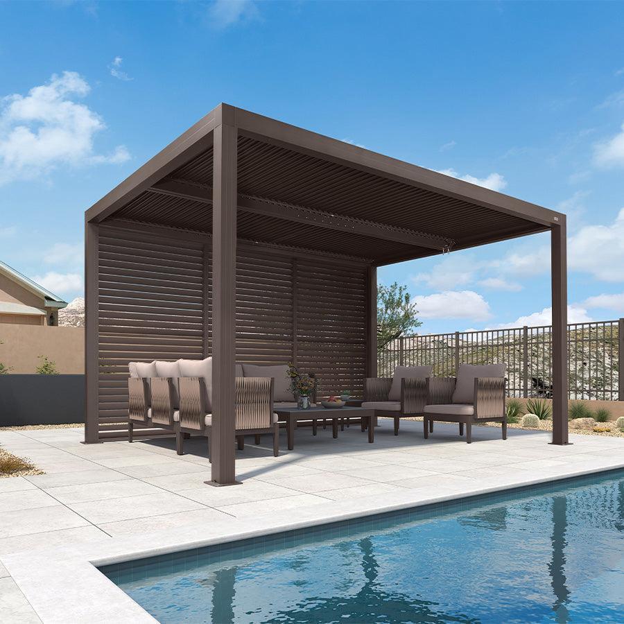 PURPLE LEAF Athena Louvered Pergola Bronze Outdoor Aluminum Pergola with Shutter Wall Adjustable Gazebo Rainproof for Patio Deck Garden