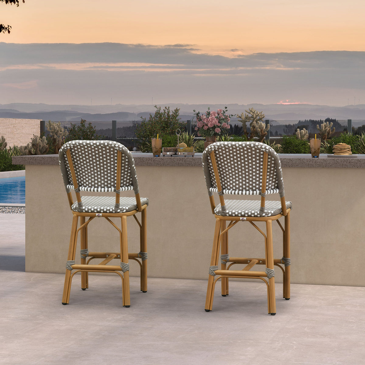 PURPLE LEAF Outdoor Bar Height Stools Set of 2 French Country Patio Rattan Bar Stool Chairs Outdoor Armless Barstools for Porch Garden Indoor Kitchen