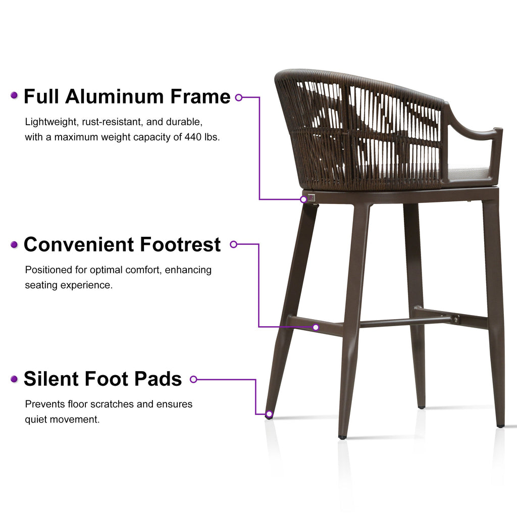 PURPLE LEAF Patio Bar Stools Set of 2 Outdoor Wicker Modern High Bar Chairs Metal Cushioned Barstools with Backs and Ergonomic Armrest