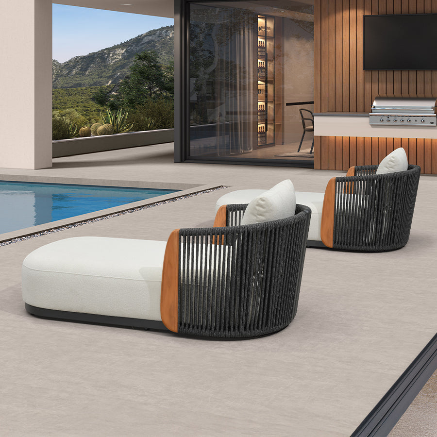 PURPLE LEAF Luxury  Hailar Olefin Patio Chaise Lounge Chair , Upholstered Pool Aluminium Lounge Chairs for Outdoor with Teak Armres for Deck, Pool, Lawn, Garden, Courtyard, Porch