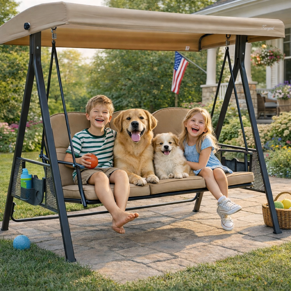Kozyard Herbert Deluxe 3-Seat Patio Porch Swing with Stand, Adjustable Canopy, Outdoor Freestanding Swing Chair for Backyard, Poolside, Balcony, Weather-Resistant