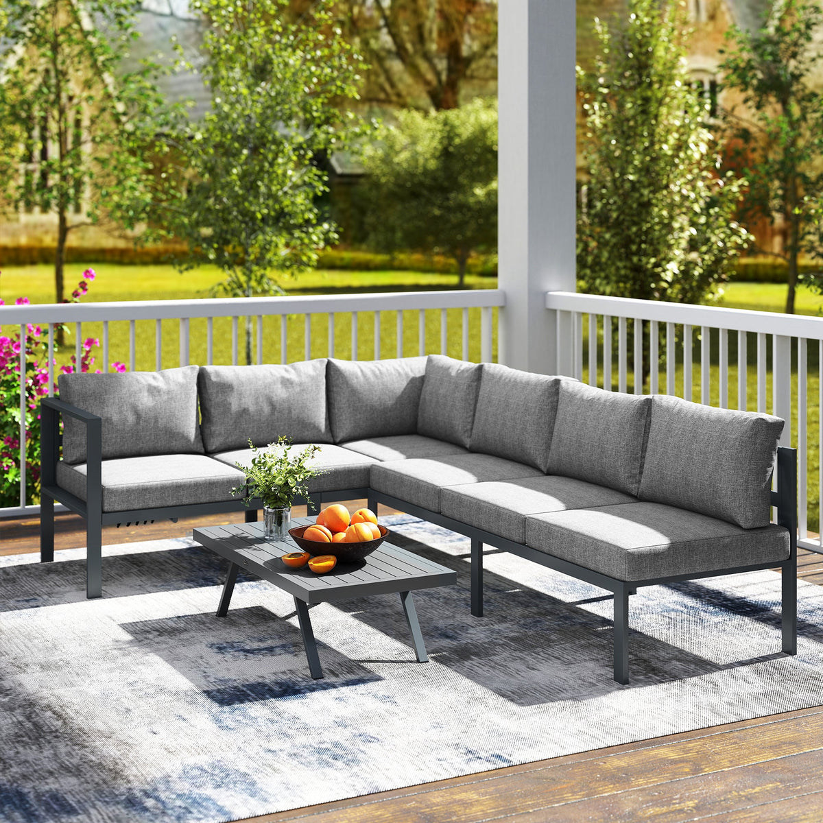 3 Piece Aluminium Corner Lounge Set with Adjustable Backrest, Dark Grey