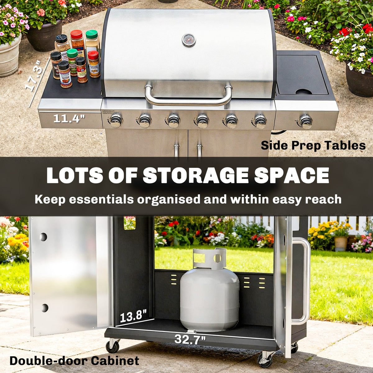 6 Burner Propane Gas Grill with Side Burner, 63,000 BTU , Warming Rack & Cabinet