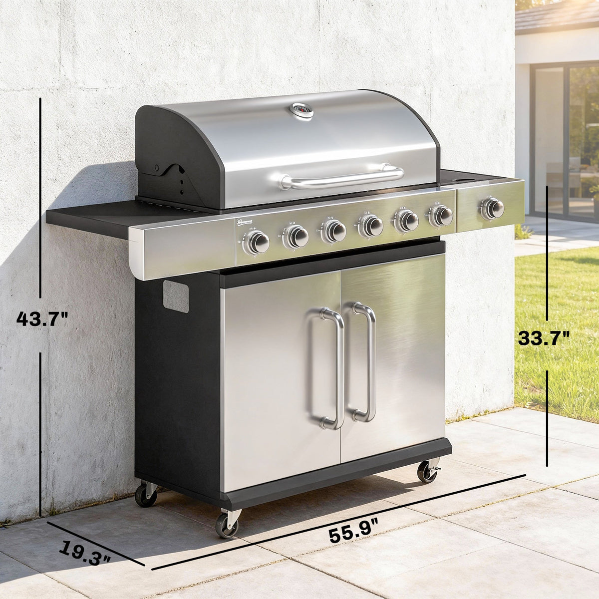 6 Burner Propane Gas Grill with Side Burner, 63,000 BTU , Warming Rack & Cabinet