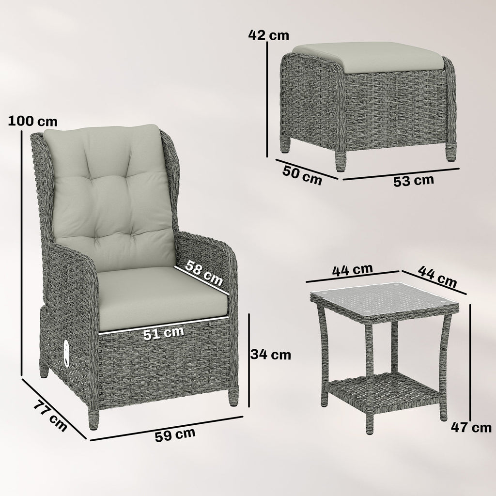 5 Piece Rattan Reclining Chair Set with Footstool and Glass Table, Cream White