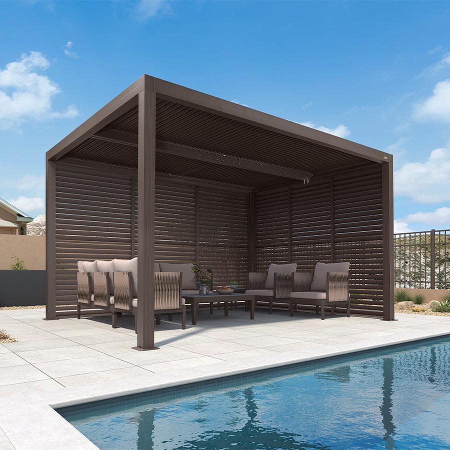 PURPLE LEAF Athena Louvered Pergola Bronze Outdoor Aluminum Pergola with Shutter Wall Adjustable Gazebo Rainproof for Patio Deck Garden