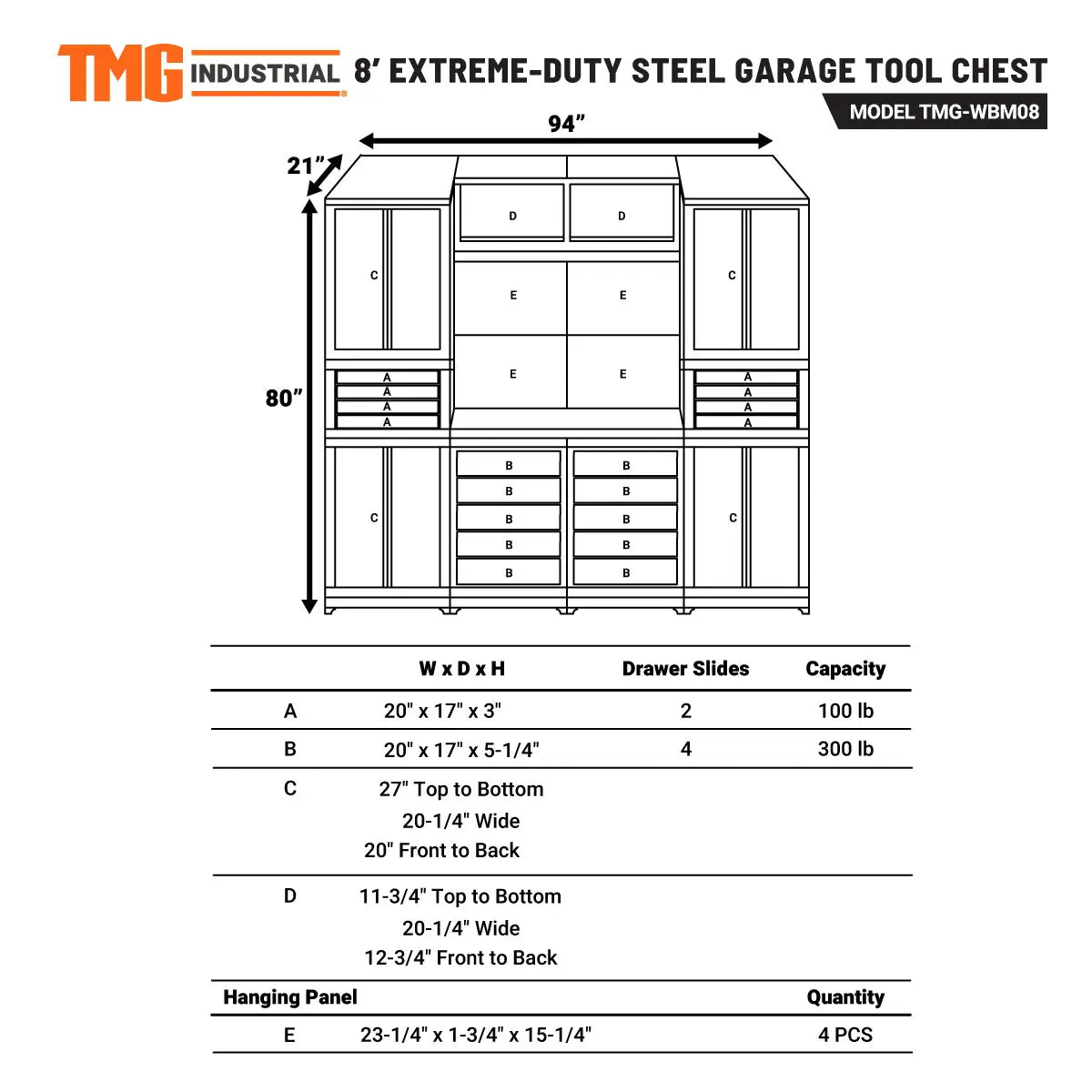 8' Extreme-Duty Steel Garage Tool Chest w/Pegboard, 18 Drawers and Multi Cabinets, TMG-WBM08