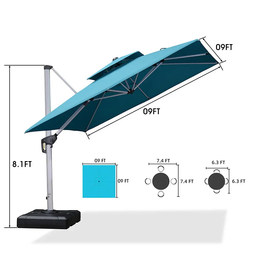 PURPLE LEAF – Grand parasol déporté carré de terrasse avec base pour jardin, piscine et porche