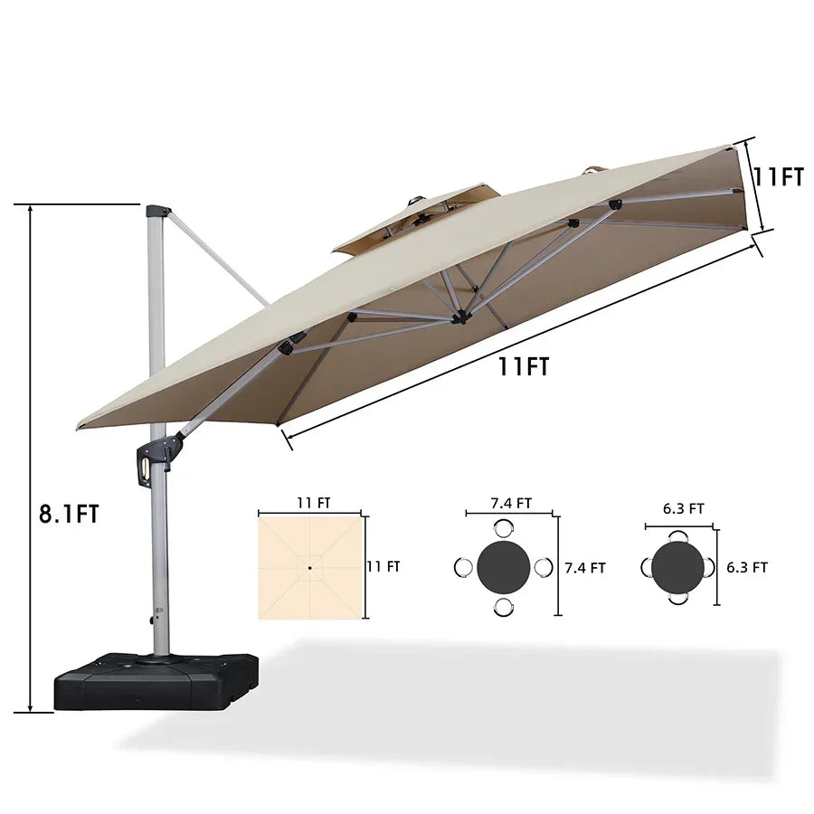 PURPLE LEAF – Grand parasol déporté carré de terrasse avec base pour jardin, piscine et porche
