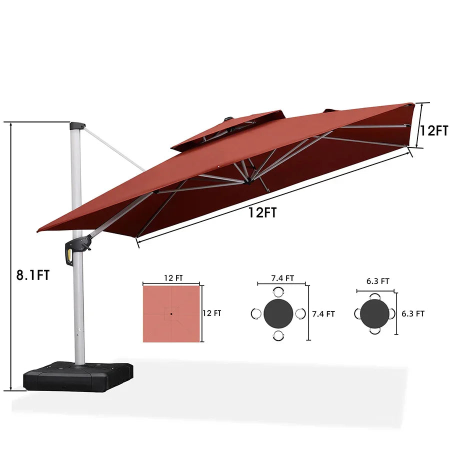 PURPLE LEAF – Grand parasol déporté carré de terrasse avec base pour jardin, piscine et porche