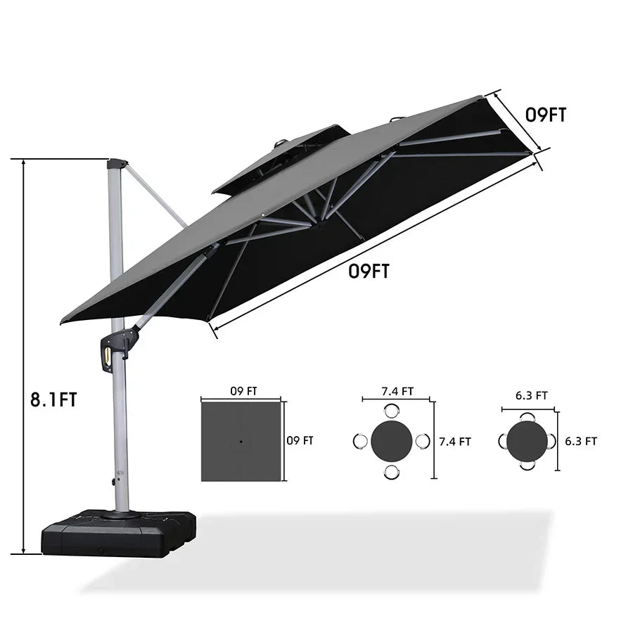 PURPLE LEAF – Grand parasol déporté carré de terrasse avec base pour jardin, piscine et porche