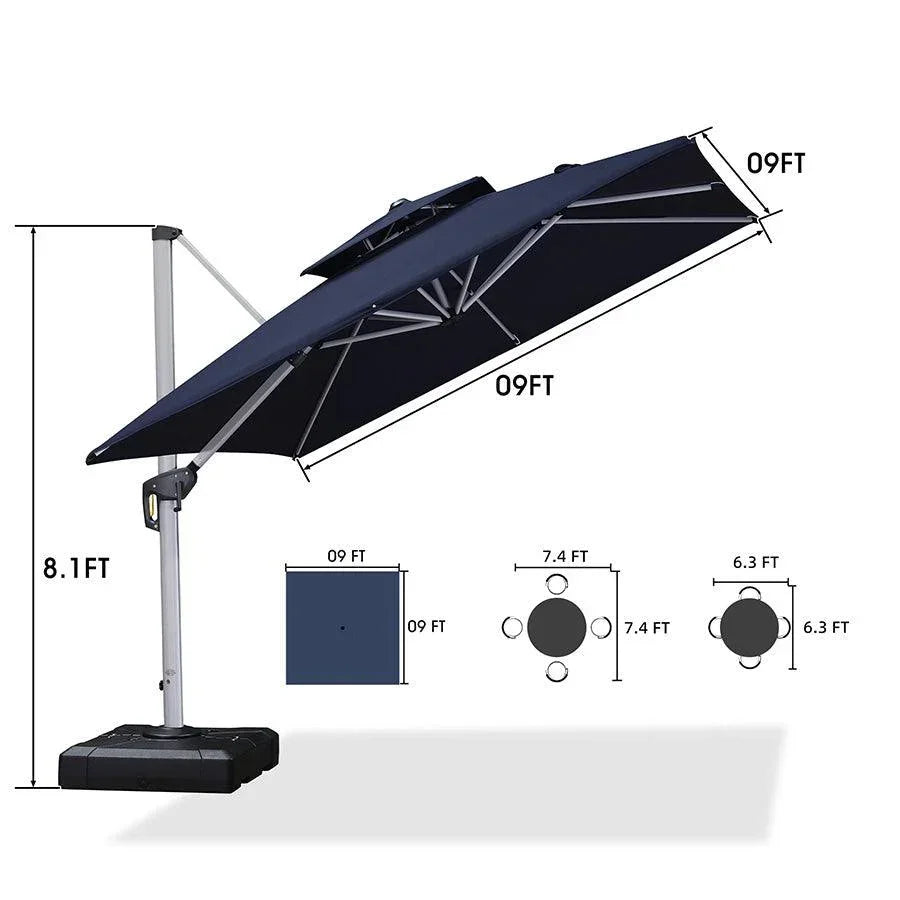 PURPLE LEAF – Grand parasol déporté carré de terrasse avec base pour jardin, piscine et porche