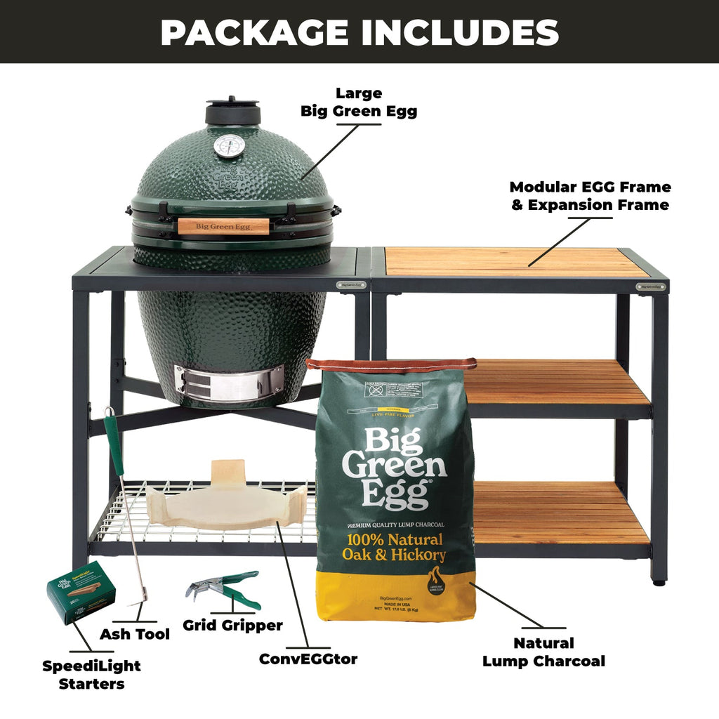 Large Big Green Egg + Modular Nest + Expansion Package - (3) Acacia Inserts