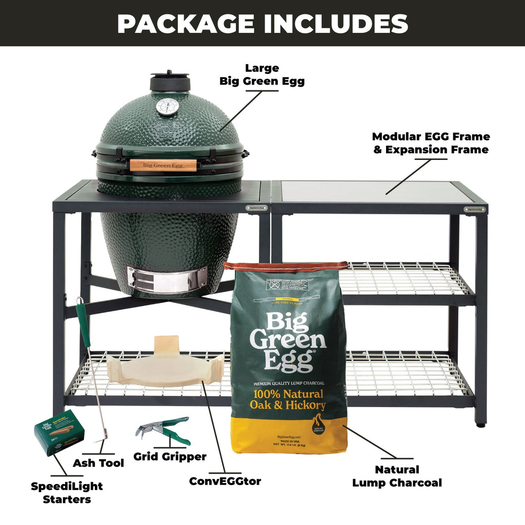 Large Big Green Egg + Modular Nest + Expansion Package - (1) Solid Stainless (2) Stainless Grid