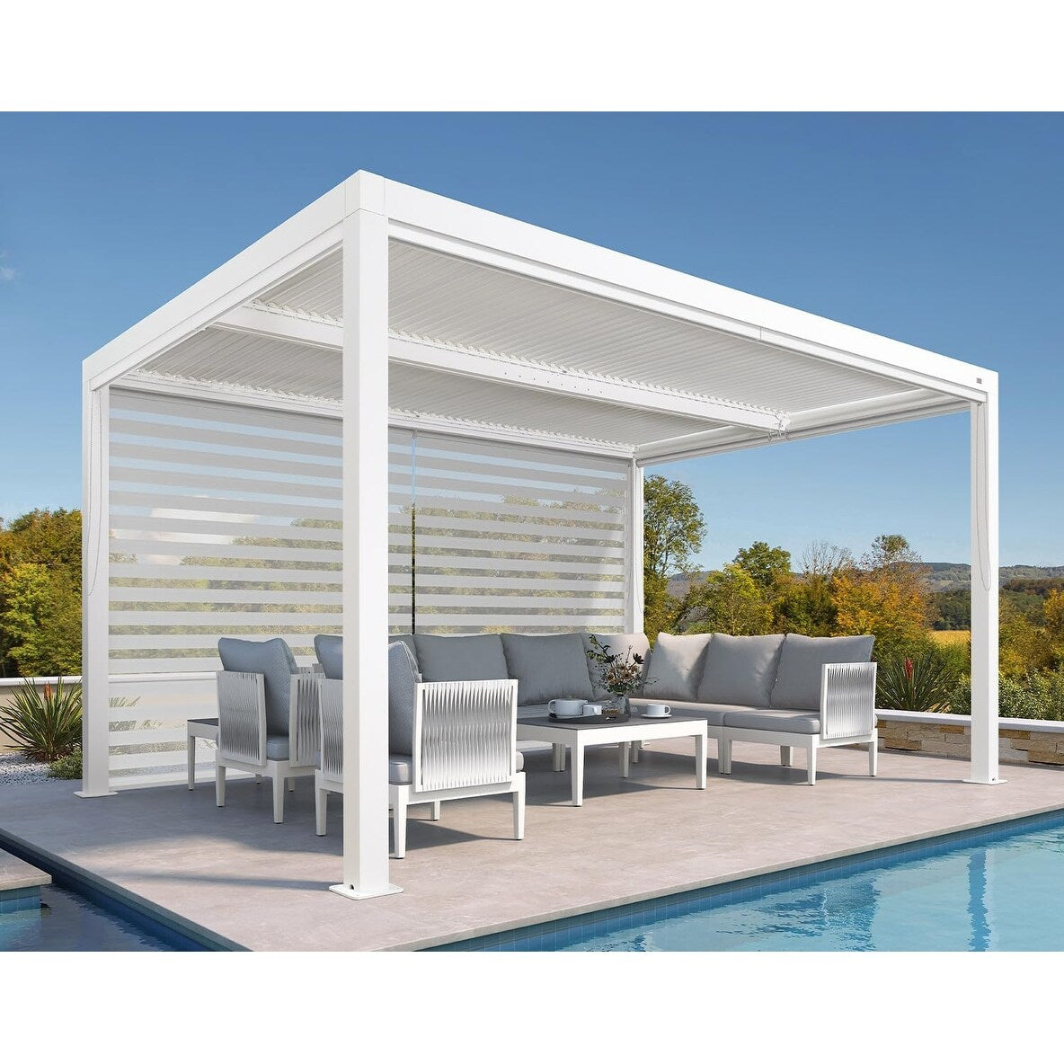 Hanso Home Louvered Pergola Modern White Pergola with Adjustable Roof for Deck Backyard Garden