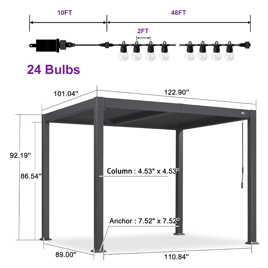 PURPLE LEAF Caesar Louvered Pergola with Milky String Lights Patio Aluminum Pergola with Independent Adjustable Rainproof Roof Hardtop Pergola for Outdoor Deck Garden Yard