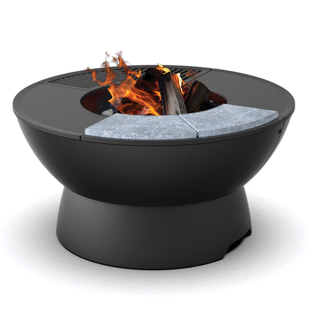 Meteor 38” Cast Iron Fire Pit with Low Base, Grill Grates, Griddle, and Soapstone Surfaces