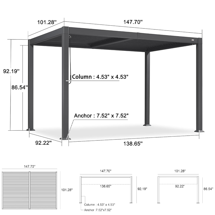 PURPLE LEAF Caesar Outdoor Louvered Pergola Patio Sun Shade Shelter with Adjustable Hardtop Patio Pergola Grey