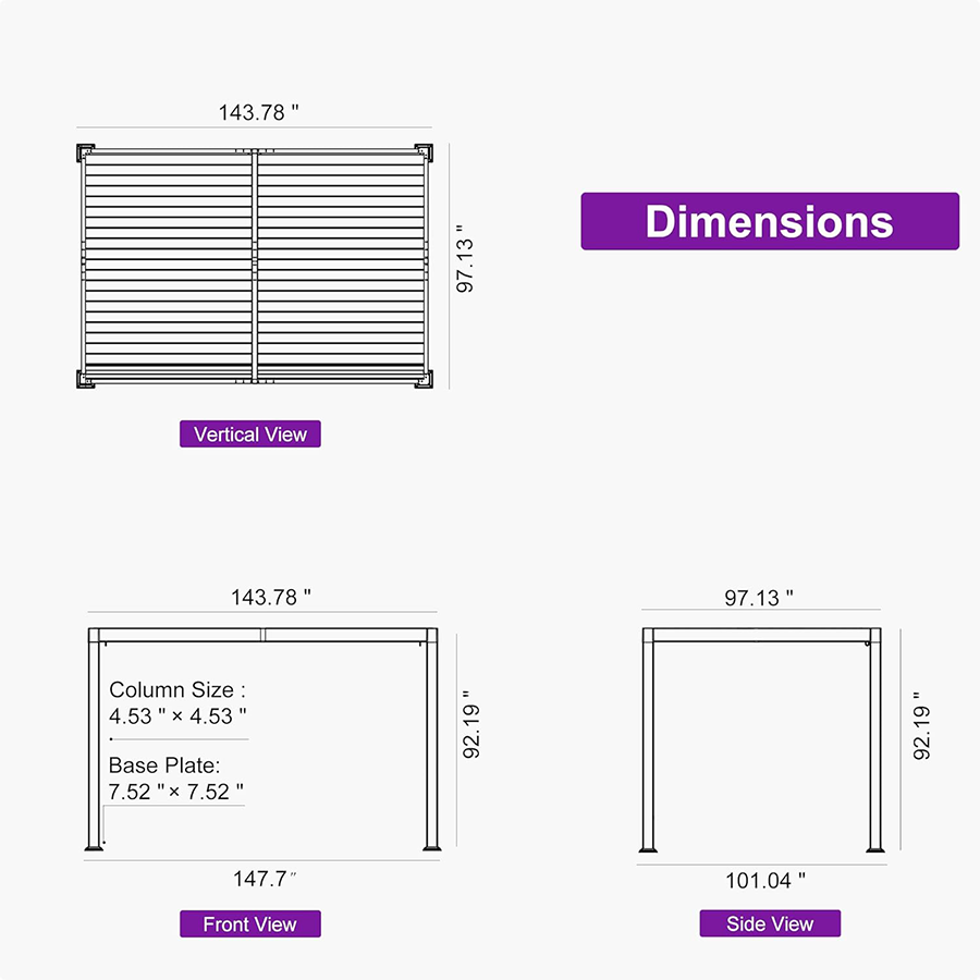PURPLE LEAF Caesar Solar Louvered Pergola with LED Strip Lights and Control Panel Aluminum Outdoor Pergola with Adjustable Roof for Patio Deck Garden Yard Gray