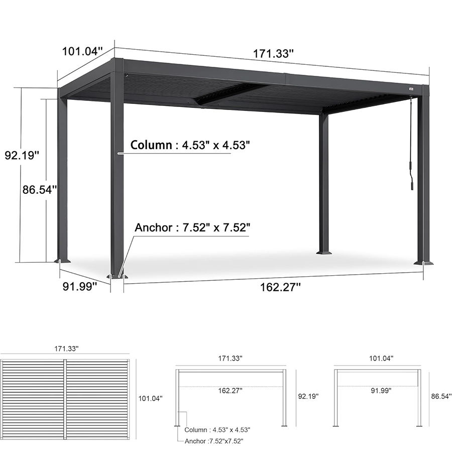 PURPLE LEAF Caesar Outdoor Louvered Pergola Patio Sun Shade Shelter with Adjustable Hardtop Patio Pergola Grey