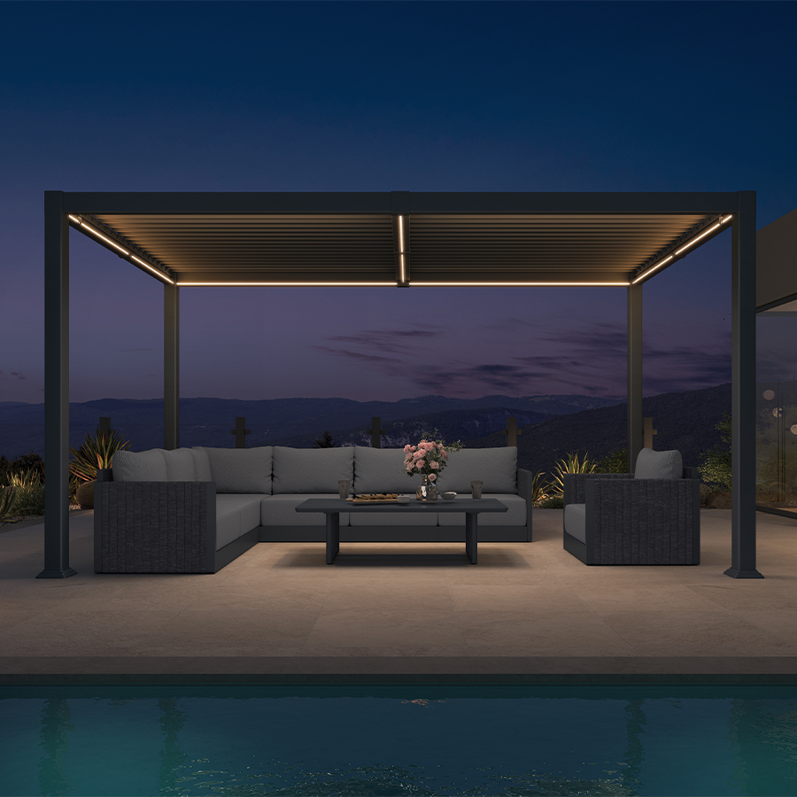 PURPLE LEAF Caesar Solar Louvered Pergola with LED Strip Lights and Control Panel Aluminum Outdoor Pergola with Adjustable Roof for Patio Deck Garden Yard Gray