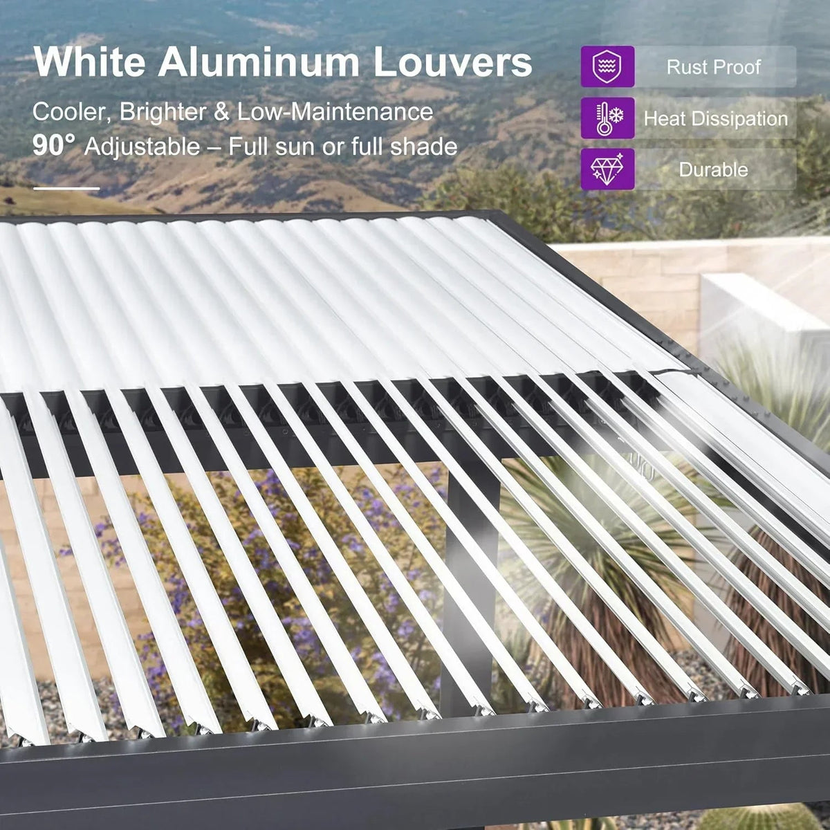 PURPLE LEAF Athena Louvered Pergola Grey Outdoor Aluminum Pergola with Shutter Wall Adjustable Gazebo Rainproof for Patio Deck Garden