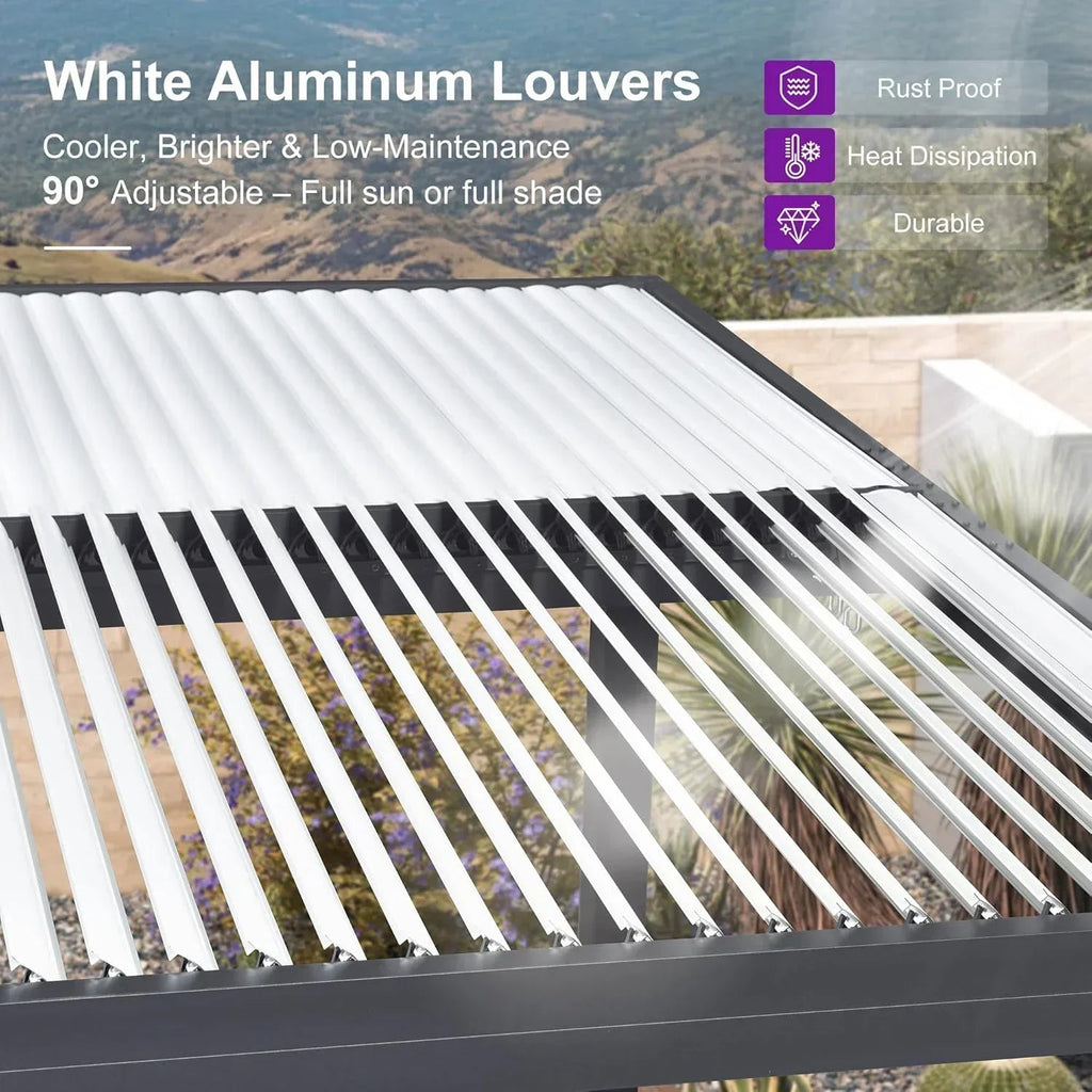 PURPLE LEAF Athena Louvered Pergola Grey Outdoor Aluminum Pergola with Strip Lights Adjustable Gazebo for Patio Deck Garden