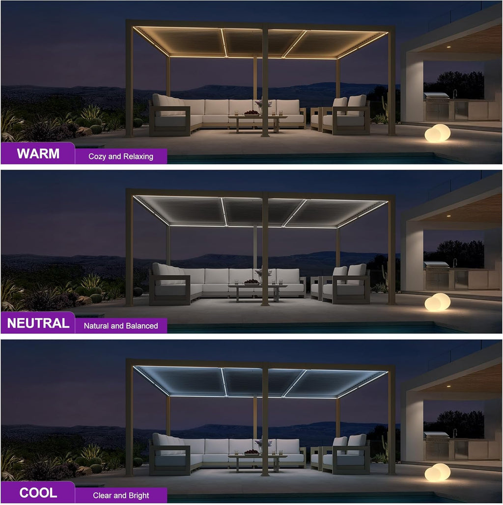 PURPLE LEAF Caesar Solar Louvered Pergola with LED Strip Lights and Control Panel Aluminum Outdoor Pergola with Adjustable Roof for Patio Deck Garden Yard Champagne
