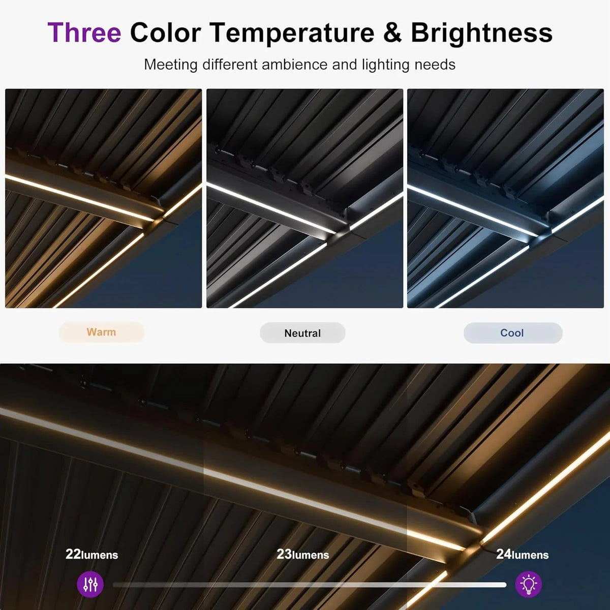 PURPLE LEAF Caesar Solar Louvered Pergola with LED Strip Lights and Control Panel Aluminum Outdoor Pergola with Adjustable Roof for Patio Deck Garden Yard Gray