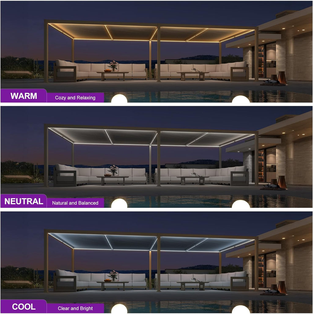 PURPLE LEAF Caesar Solar Louvered Pergola with LED Strip Lights and Control Panel Aluminum Outdoor Pergola with Adjustable Roof for Patio Deck Garden Yard Champagne