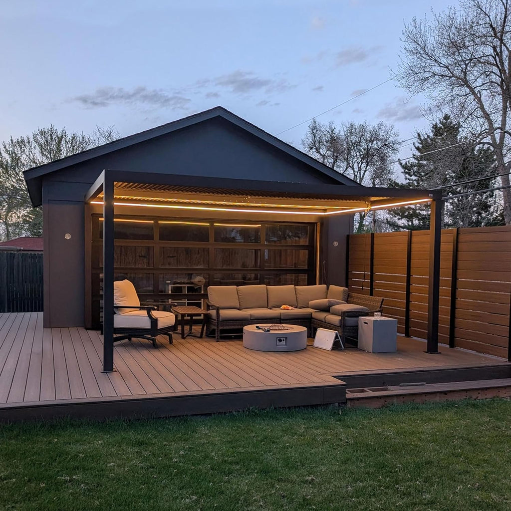 PURPLE LEAF Athena Louvered Pergola Bronze Outdoor Aluminum Pergola with Strip Lights Adjustable Gazebo for Patio Deck Garden