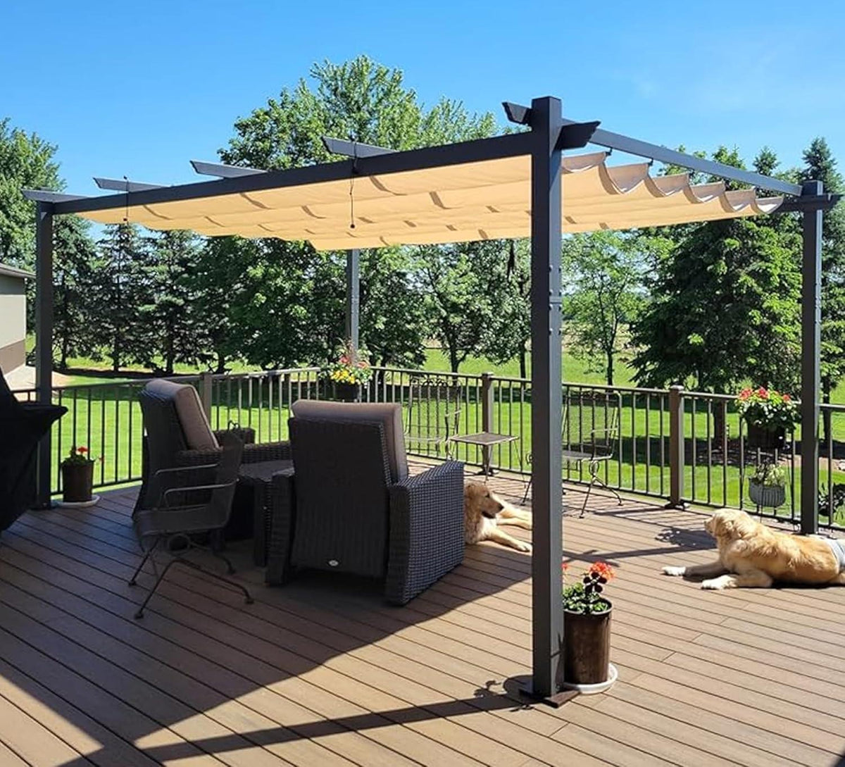 PURPLE LEAF Outdoor Pergola with Retractable Canopy Aluminum Shelter for Beach Porch Garden  Shade Pavilion Pergola  with Curtains