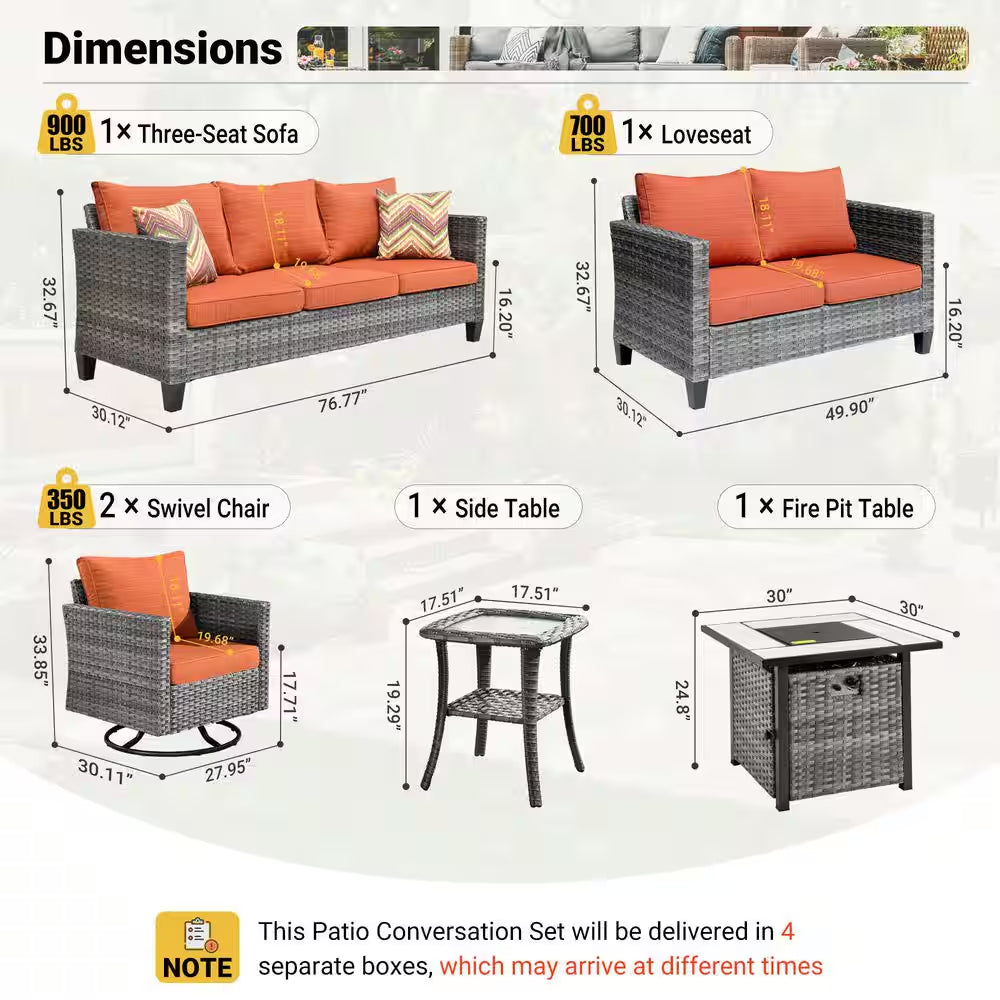 Michigan 6-Piece Wicker Outdoor Patio Fire Pit Seating Sofa Set and with Orange Red Cushions and Swivel Rocking Chairs
