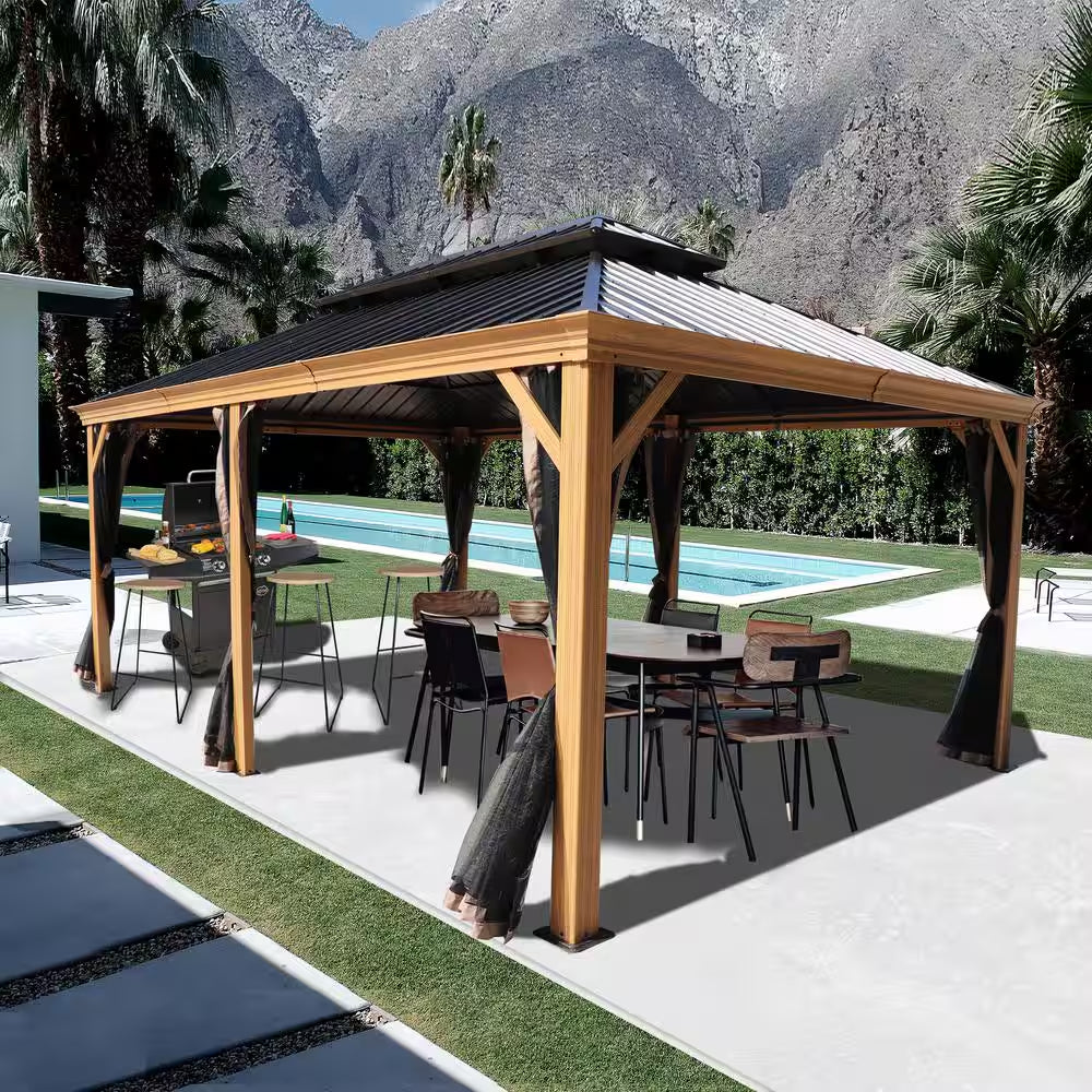 12 Ft. X 18 Ft. Wood like Aluminum Hardtop Gazebo with Galvanized Steel Roof and Mosquito Net