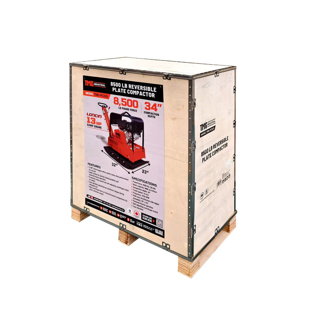 8500 Lbs Reversible Plate Compactor, 13 HP Loncin G390F EPA Engine, Self-Adjusting Centrifugal Clutch, TMG-PC325
