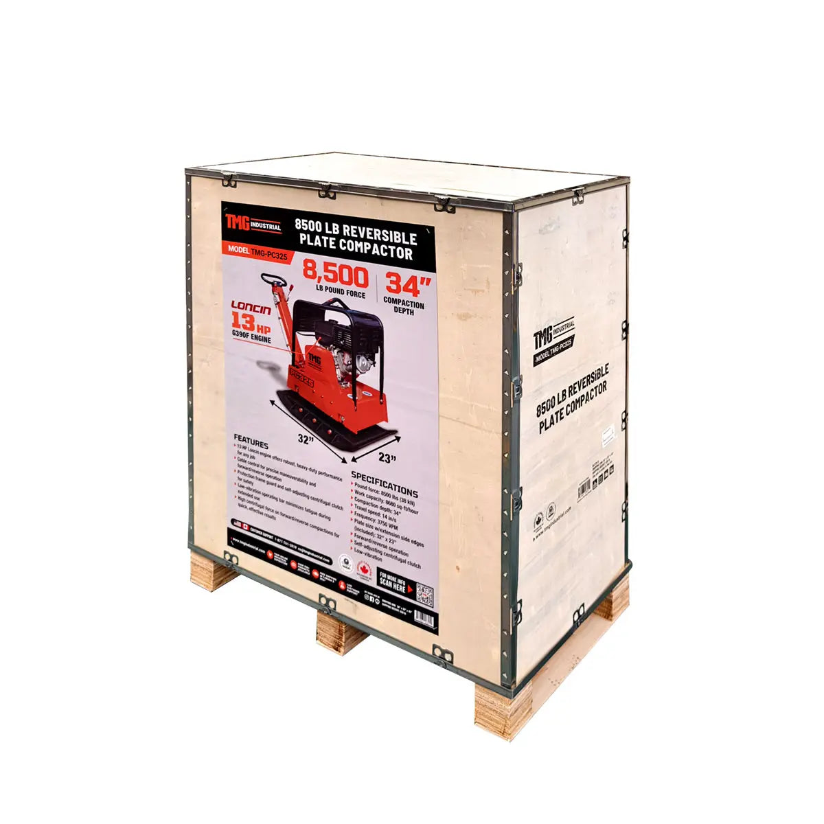 8500 Lbs Reversible Plate Compactor, 13 HP Loncin G390F EPA Engine, Self-Adjusting Centrifugal Clutch, TMG-PC325