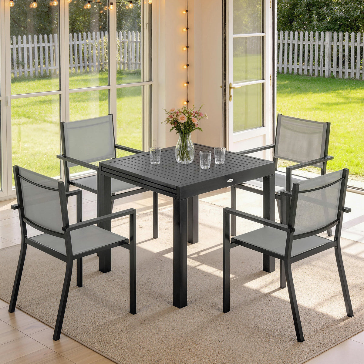 7 Piece Outdoor Dining Set with Extendable Table and Stackable Chairs