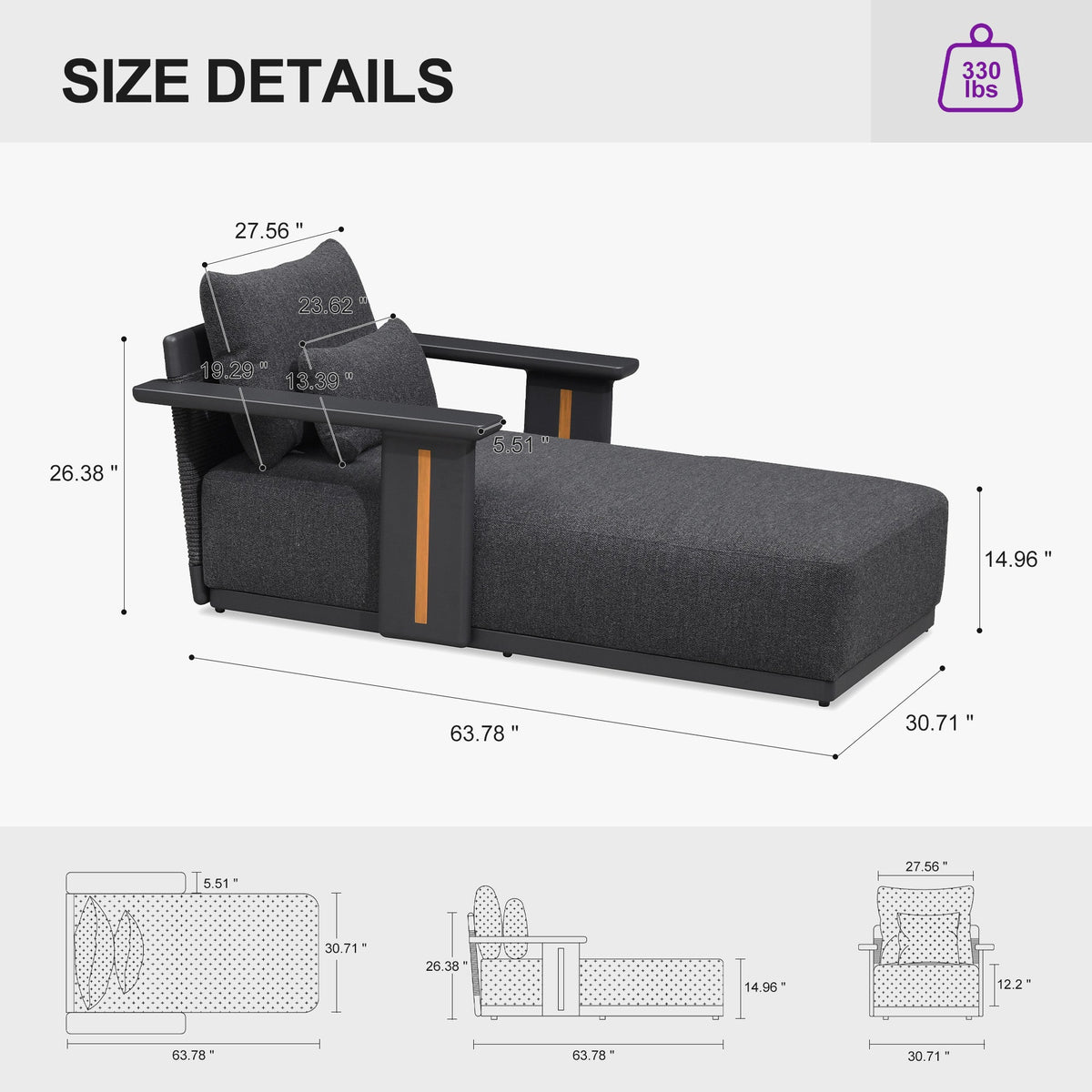 PURPLE LEAF Chaise Lounge Chair Modern Upholstered Outdoor Daybed with Armrest and Lumbar Pillow for Patio Poolside Sunbathing Deck