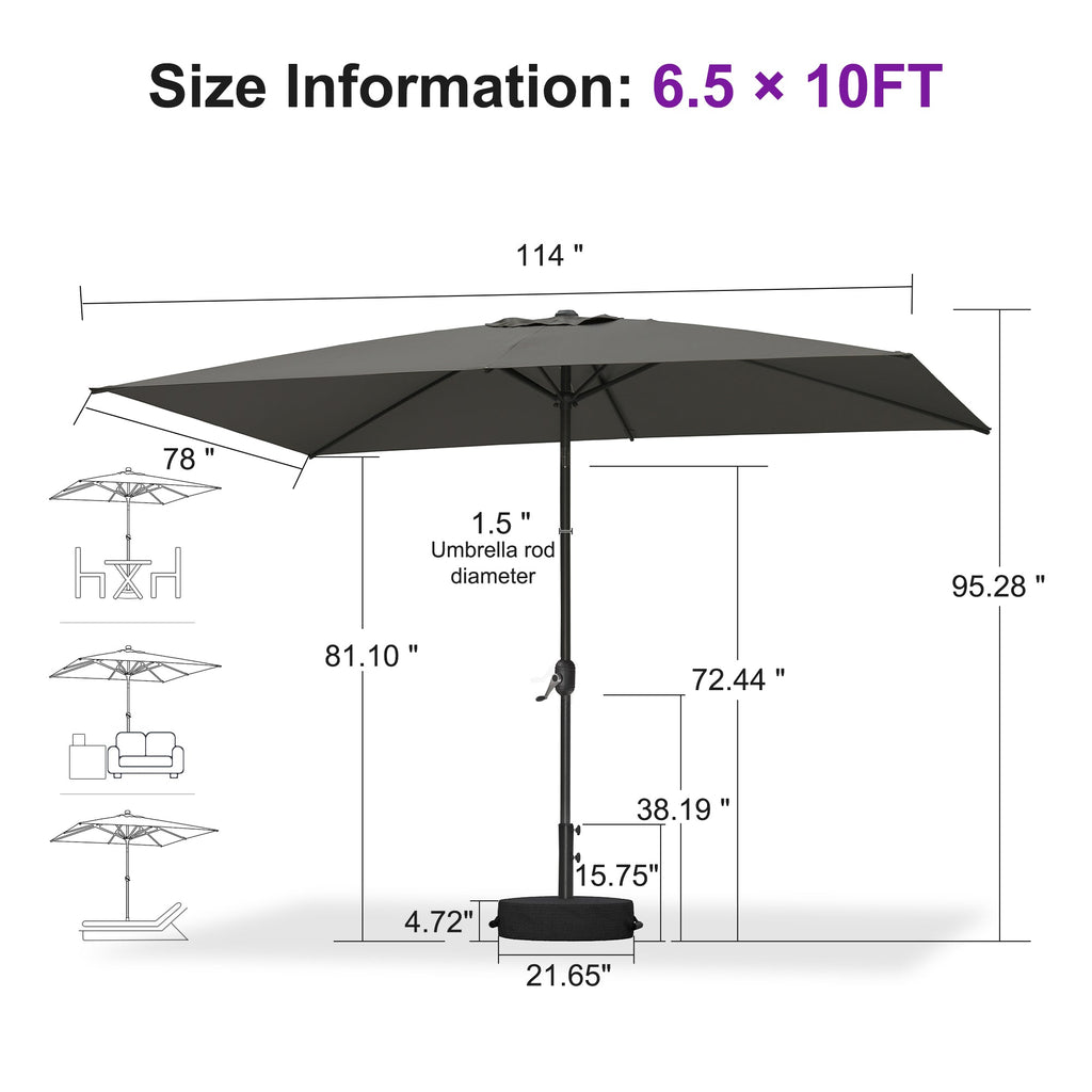 PURPLE LEAF Black Frame Outdoor Market Umbrellas Yard Tilting Patio Table Umbrella with Base